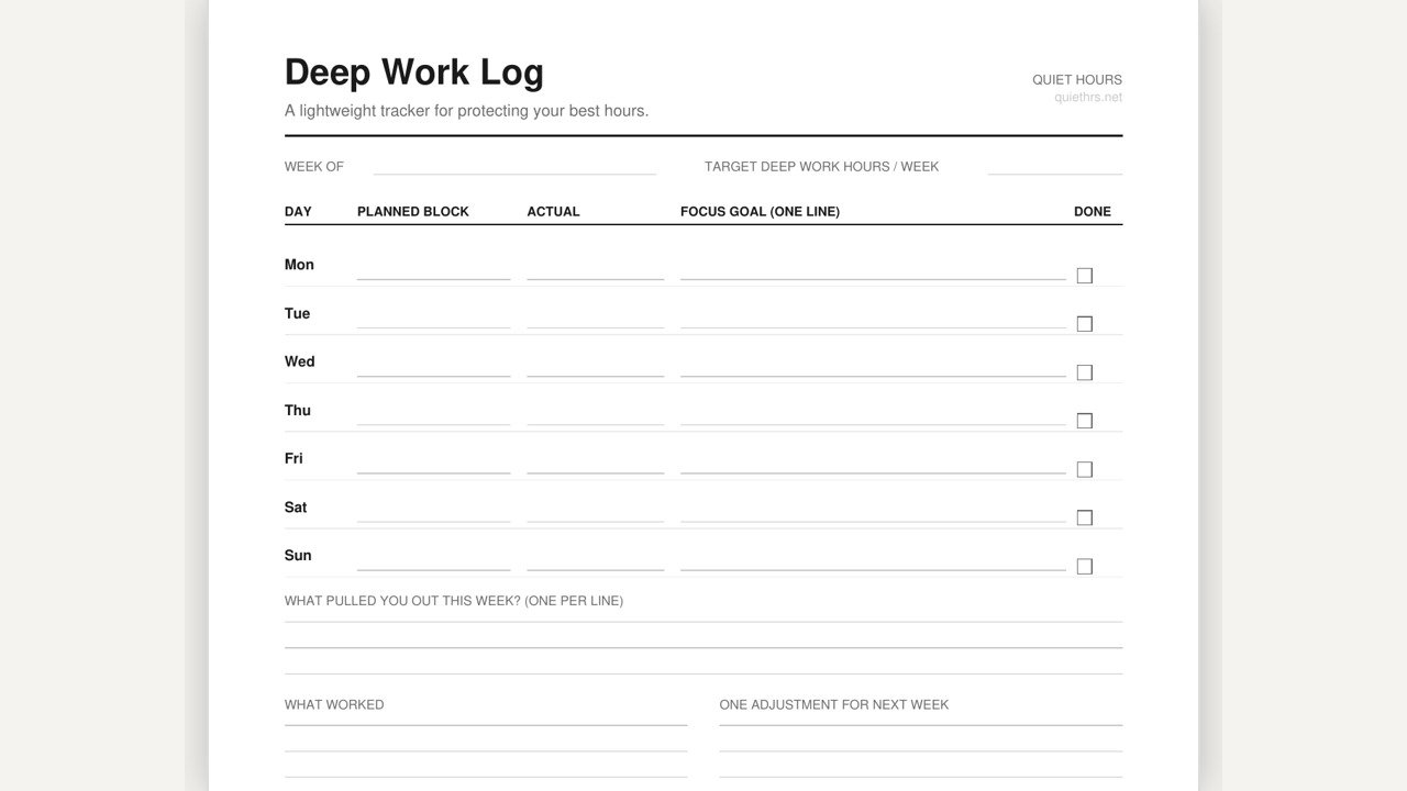Deep Work Log — daily deep work tracker template preview