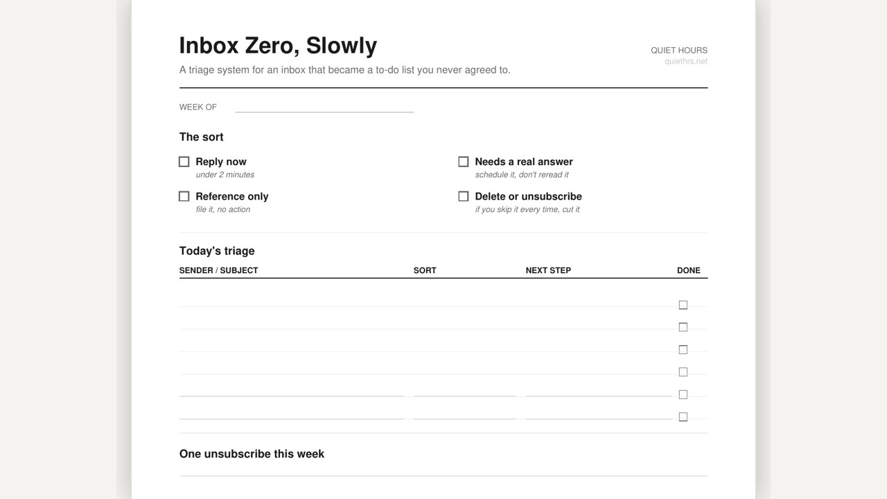 Inbox Zero, Slowly — email triage template preview