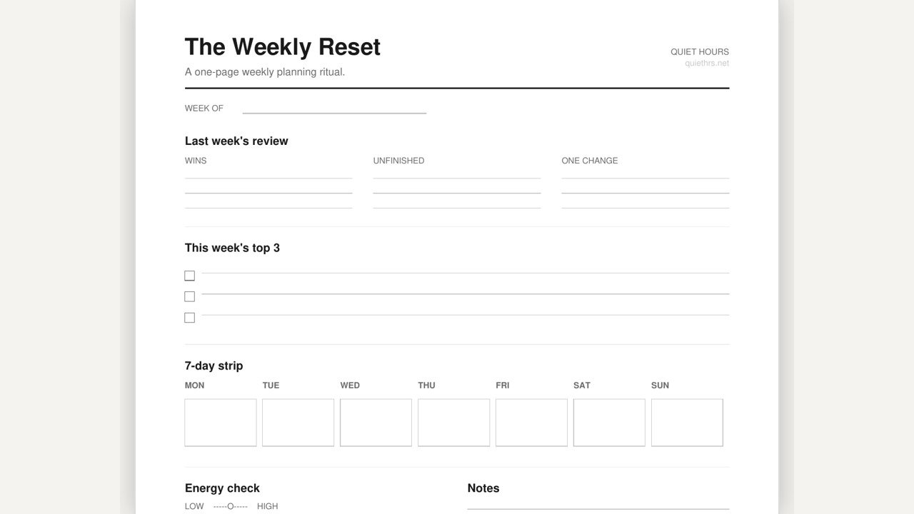 The Weekly Reset — one-page weekly planning template preview